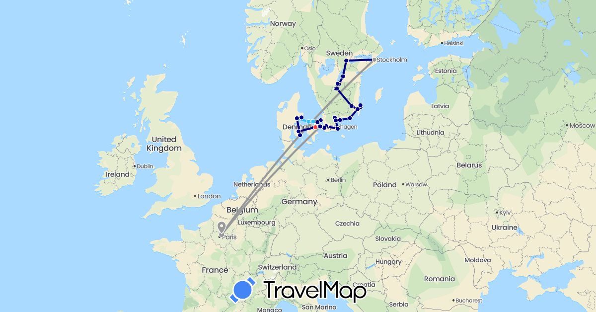 TravelMap itinerary: driving, plane, hiking, boat in Denmark, France, Sweden (Europe)